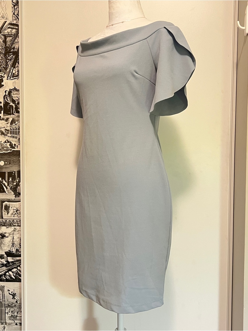 Vijo Couture Slate Blue Portrait Neck Flutter Sleeve Sheath Cocktail Dress Sz L